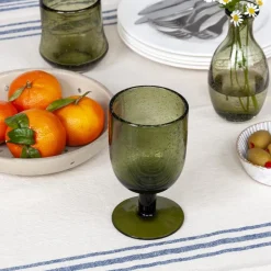 Stemmed Hand blown bubble glass - Olive green