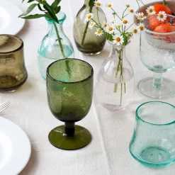 Stemmed Hand blown bubble glass - Olive green