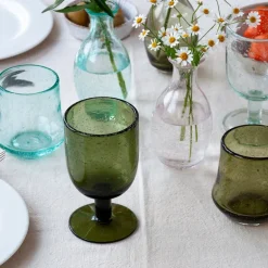 Stemmed Hand blown bubble glass - Olive green