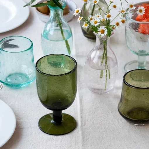 Stemmed Hand blown bubble glass - Olive green