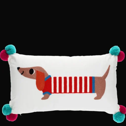 Embroidered cushion with pom poms - Sausage Dog
