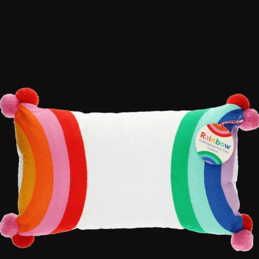Embroidered cushion with pom poms - Rainbow