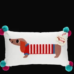 Embroidered cushion with pom poms - Sausage Dog