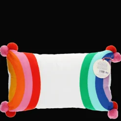 Embroidered cushion with pom poms - Rainbow