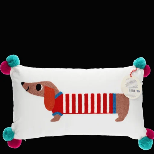 Embroidered cushion with pom poms - Sausage Dog