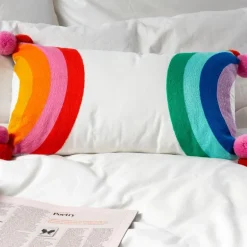 Embroidered cushion with pom poms - Rainbow