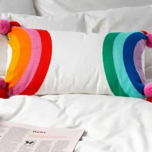 Embroidered cushion with pom poms - Rainbow