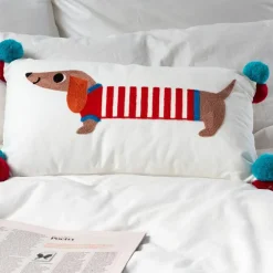 Embroidered cushion with pom poms - Sausage Dog