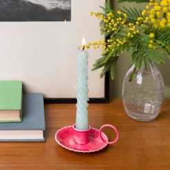 Enamel chamberstick candle holder - Vibrant pink