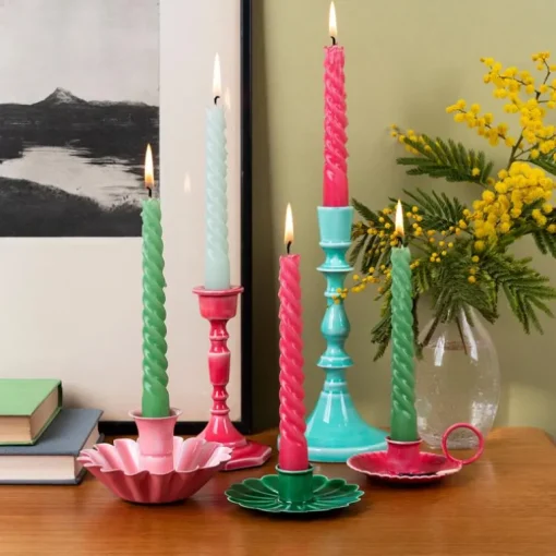 Enamel chamberstick candle holder - Vibrant pink