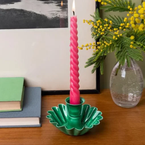 Enamel cupped flower candle holder - Dark green