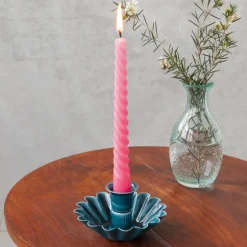 Enamel cupped flower candle holder - Blue