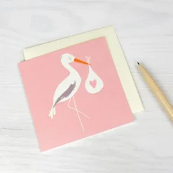 Greetings card new baby - Pink stork