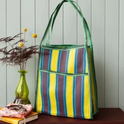 Recycled woven bag with side pocket - Brown, yellow, teal