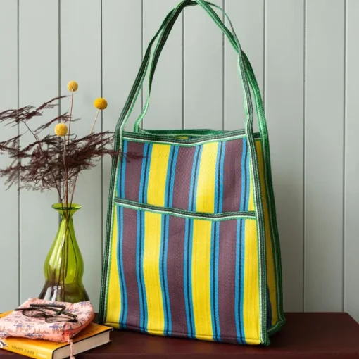 Recycled woven bag with side pocket - Brown, yellow, teal