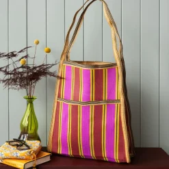 Recycled woven bag with side pocket - Yellow, pink, red