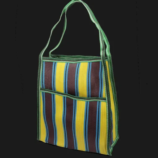 Recycled woven bag with side pocket - Brown, yellow, teal