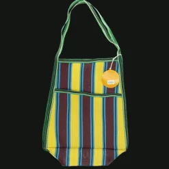 Recycled woven bag with side pocket - Brown, yellow, teal