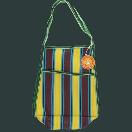 Recycled woven bag with side pocket - Brown, yellow, teal