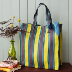 Recycled woven shopping bag - Brown, yellow, teal
