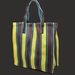 Recycled woven shopping bag - Brown, yellow, teal