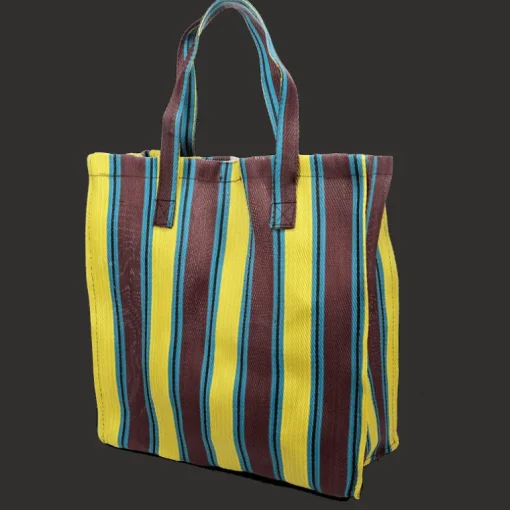 Recycled woven shopping bag - Brown, yellow, teal