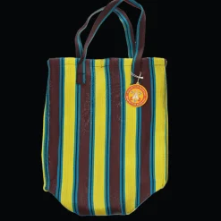 Recycled woven shopping bag - Brown, yellow, teal