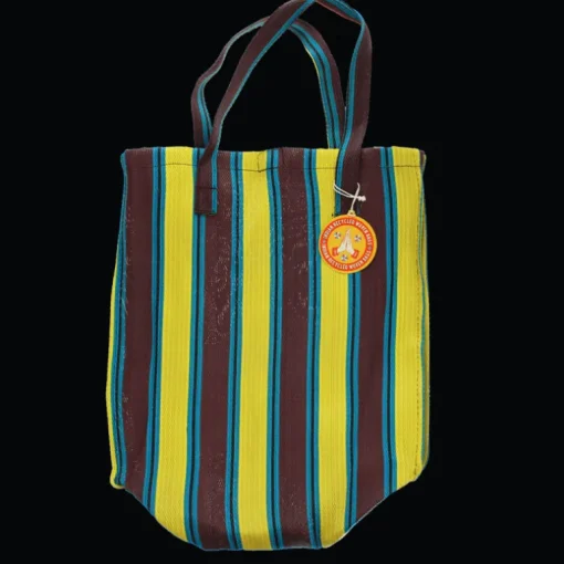 Recycled woven shopping bag - Brown, yellow, teal