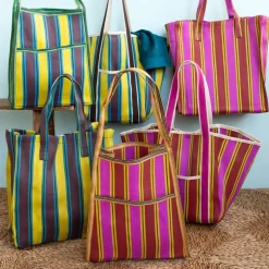 Recycled woven shopping bag - Brown, yellow, teal