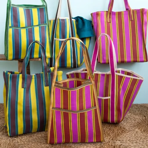 Recycled woven shopping bag - Brown, yellow, teal