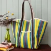 Recycled woven tote bag with canvas handles - Brown, yellow, teal