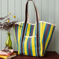 Recycled woven tote bag with canvas handles - Brown, yellow, teal