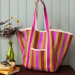 Recycled woven tote bag with canvas handles - Yellow, pink, red
