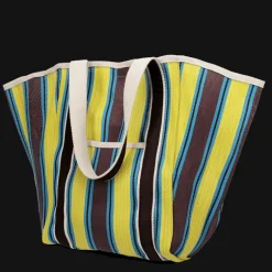 Recycled woven tote bag with canvas handles - Brown, yellow, teal