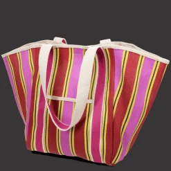 Recycled woven tote bag with canvas handles - Yellow, pink, red