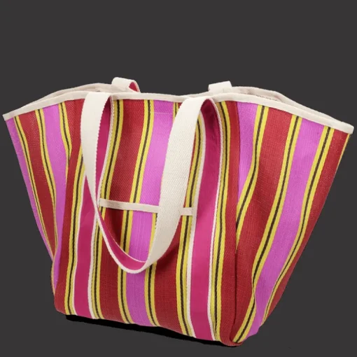Recycled woven tote bag with canvas handles - Yellow, pink, red