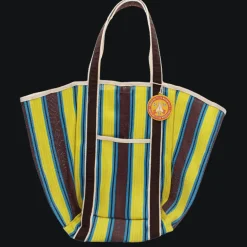 Recycled woven tote bag with canvas handles - Brown, yellow, teal