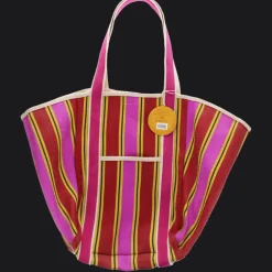 Recycled woven tote bag with canvas handles - Yellow, pink, red