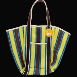 Recycled woven tote bag with canvas handles - Brown, yellow, teal