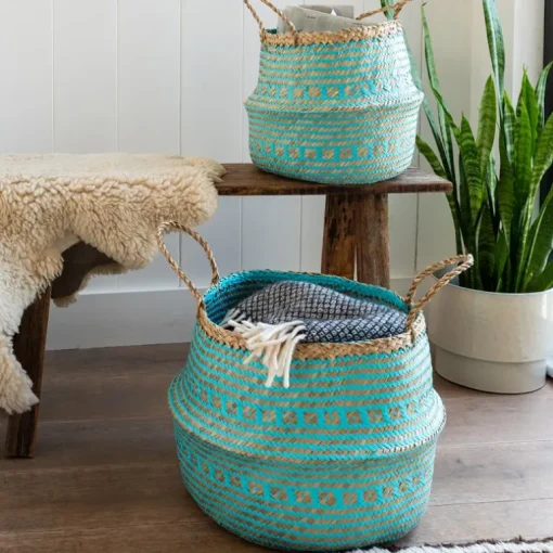 Small seagrass belly basket - Turquoise