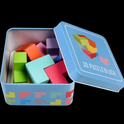 Wooden 3D puzzle in a tin