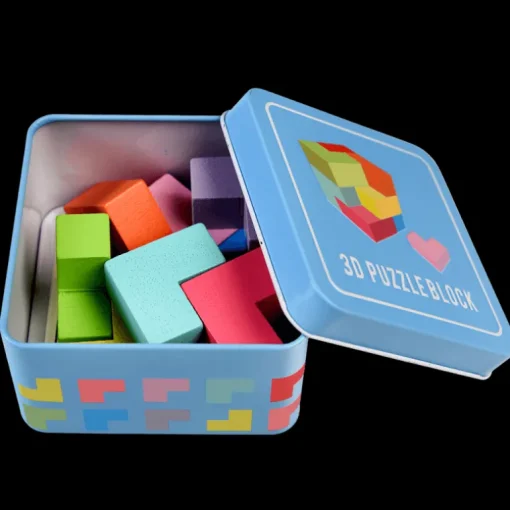 Wooden 3D puzzle in a tin