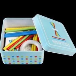 Wooden pick up sticks in a tin