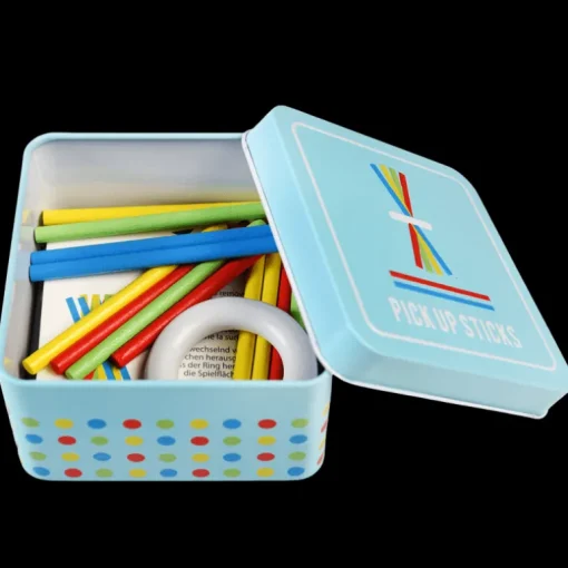 Wooden pick up sticks in a tin