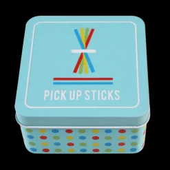 Wooden pick up sticks in a tin