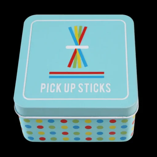 Wooden pick up sticks in a tin