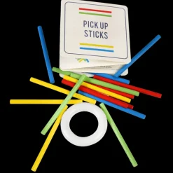 Wooden pick up sticks in a tin