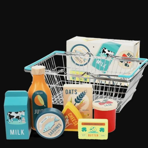 Wooden shopping playset with basket